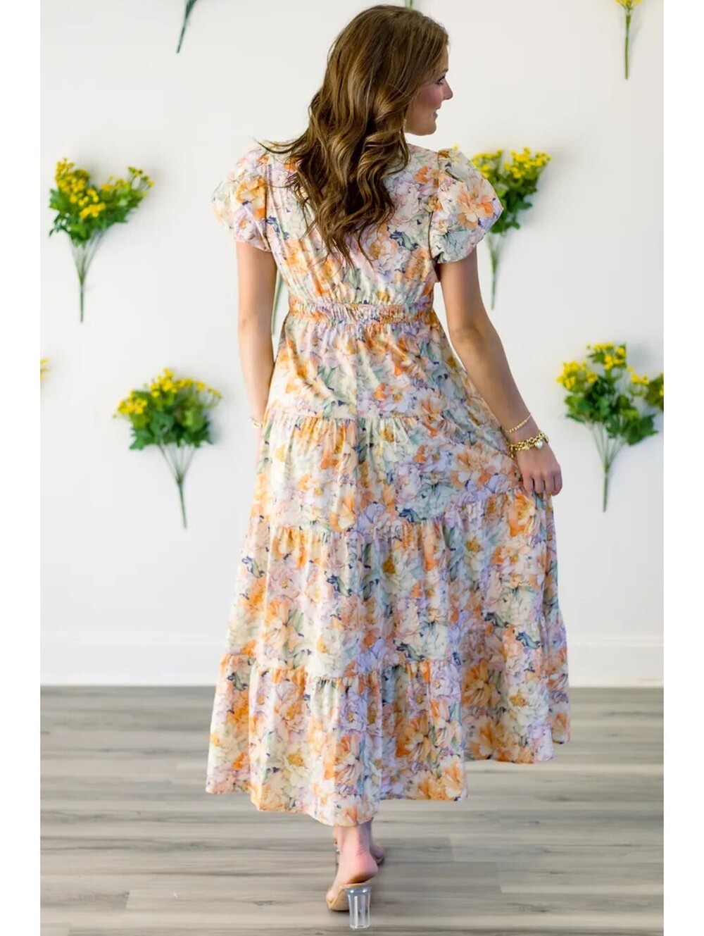 Women's Floral Puff Sleeve Maxi Dress with Smocked Waist - Picture 3 of 3